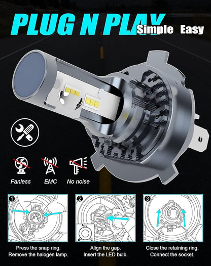 H19 H4 9003 HB2 HS1 LED Light Bulbs 20000Lm Bright 40W 6500K Fanless EMC Plug and Play for 12V Cars Motorcycles 24V Trucks, Fog Lamps, 2-Pack