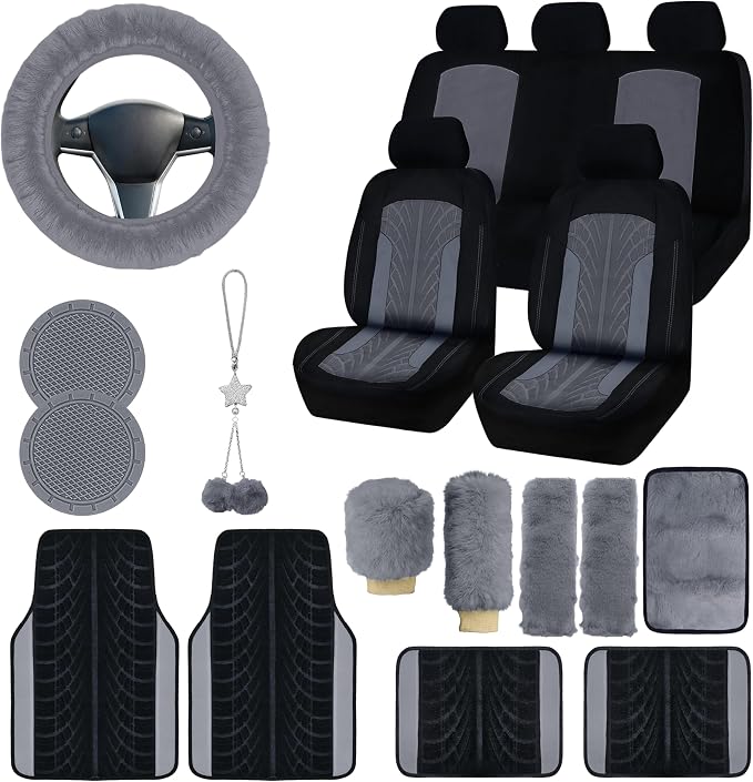 Car Seat Cover Full Set for Women with Floor Mats,3D Air Mesh Car Seat Cover with 5mm Composite Sponge Inside,Universal Fluffy Steering Wheel Cover, Accessories Full (Grey)
