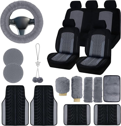 Car Seat Cover Full Set for Women with Floor Mats,3D Air Mesh Car Seat Cover with 5mm Composite Sponge Inside,Universal Fluffy Steering Wheel Cover, Accessories Full (Grey)