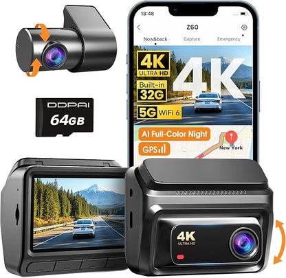 DDPAI Z60 4K Dash Cam Front and Rear, Built-in 32GB eMMC, Free 64GB Card Included, Dual Dash Camera for Cars, AI ISP Night Vision 2.0, 5GHz WiFi, GPS, G-Sensor, 7 Days AOV Parking Mode, 3" IPS, ADAS