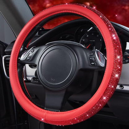 CAR PASS Bling Diamond Leather Steering Wheel Cover, with Bling Sparkly Crystal Glitter Rhinestones Universal Fit 14" 1/2-15" Car Wheel Protect for Women Girl Fit Suvs,Vans,Sedans,Cars,Trucks, Red