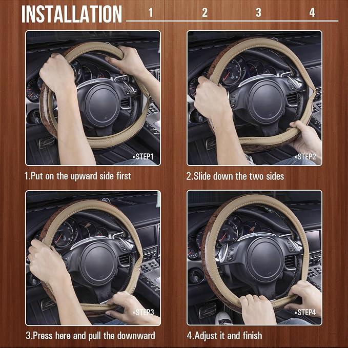 CAR PASS Wood Grain 14.5-15 inch Microfiber Leather Steering Wheel Cover, Anti-Slip Veins Design Steering Wheel Universal Fit for Most Cars, Sedans, SUV， Beige