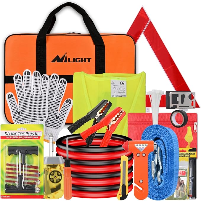 Nilight Car Emergency Kit with Jumper Cable, First Aid Kit Safety Assistance Tools for Travel Camping Outdoor Cars Truck SUV RV, Roadside Essentials with Flash Light