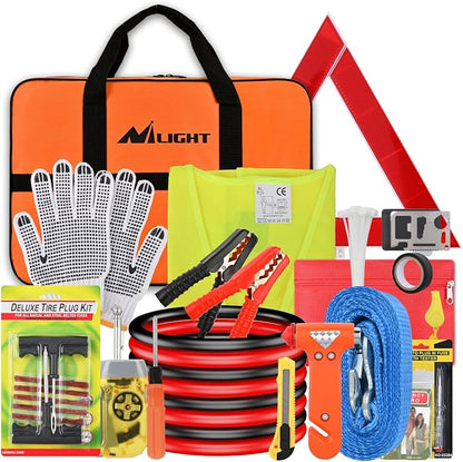 Nilight Car Emergency Kit with Jumper Cable, First Aid Kit Safety Assistance Tools for Travel Camping Outdoor Cars Truck SUV RV, Roadside Essentials with Flash Light