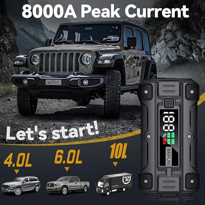 Car Jump Starter, 8000A Peak (Up to All Gas or 10.0L Diesel Engine, 50 Times) 12V Auto Booster Battery Charger Jump Box with Quick Charger Smart Jump Cables with LED Screen