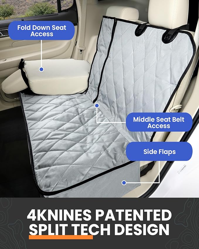4Knines Dog Seat Cover for Back Seat, Heavy Duty Waterproof Rear Seat Protector for Small Trucks, SUVs, Cars - Fits 60/40 Split Bench with Middle Seat Belt, Non-Slip Dog Backseat Cover (Regular, Grey)