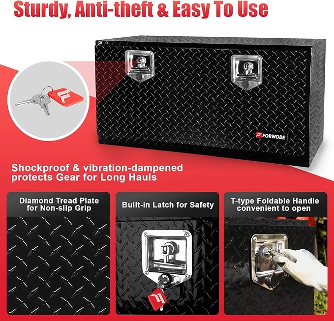 FORWODE 36x17x18 Inch Underbody Truck Tool Box Aluminum Trailer Tool Box with Lock & Foldable T-Handle Waterproof Truck Storage Box for Pickup Truck, Trailer, RV, ATV, Indoor（BLACK）
