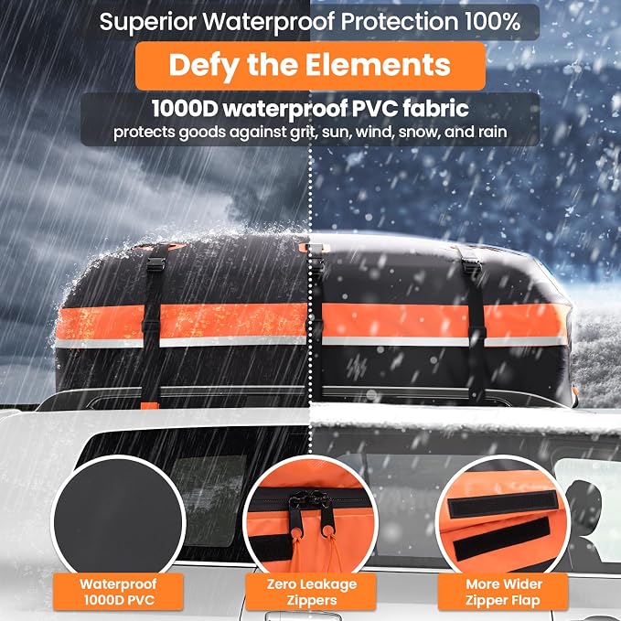 Sailnovo Car Rooftop Cargo Carrier 15 Cubic Feet, Waterproof 1000D PVC Car Roof Bag with Anti-Slip Mat, Combination Lock, Storage Bag, Door Hooks & Tie-Down Strap fit Vehicle with/Without Luggage Rack