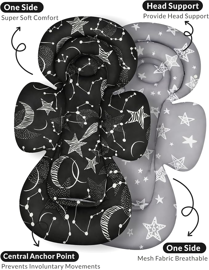 Tinlyfinly Infant Car Seat Insert with Removable Cushion for Preemie to Toddler, Reversible Newborn Carseat Insert for Baby Head Body Support, Fits for Stroller, Baby Swing, Bouncer (Black Star)