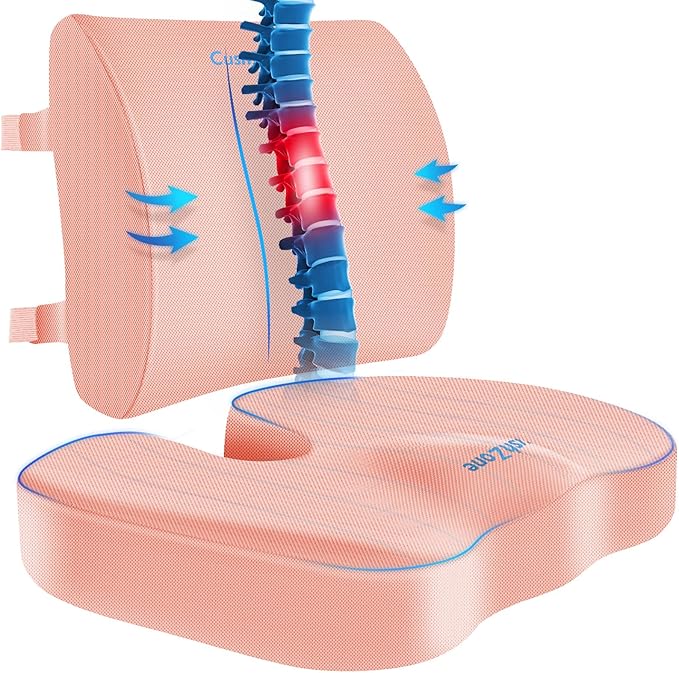 CushZone Ergonomic Seat Cushion & Lumbar Support Pillow - Memory Foam for Sciatica Pain Relief & Posture Correction, Non-Slip Chair Cushions for Office Chair/Car/Wheelchair/Travel, Pink X-Large