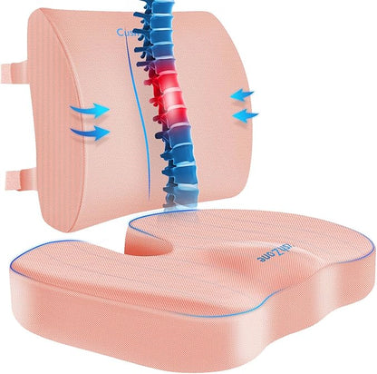 CushZone Ergonomic Seat Cushion & Lumbar Support Pillow - Memory Foam for Sciatica Pain Relief & Posture Correction, Non-Slip Chair Cushions for Office Chair/Car/Wheelchair/Travel, Pink X-Large