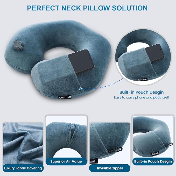 Keemall 2Pack Inflatable Travel Neck Pillow for Airplane Train Car Washable Pillowcase U Shaped Office Napping Pillow
