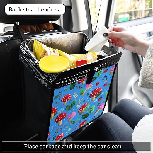 Car Trash Can Organizer Bin with Adjustable Strap for Back Front Seat Console Waterproof Leakproof Collapsible Portable 11 Inch Bright Blue Mushrooms Leaves and Ladybugs