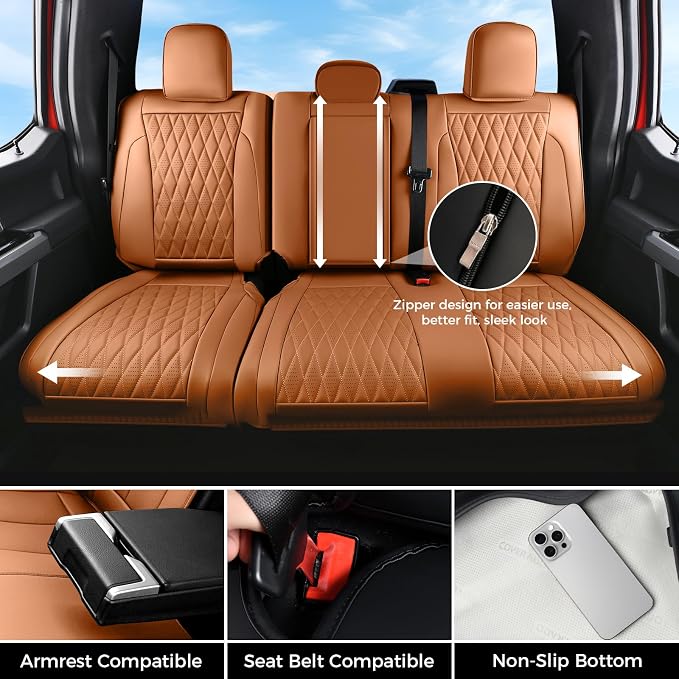 Coverado Premium Leather Full Set Seat Covers Waterproof Heavy-Duty Protectors Custom Fit for Ford F150 (2015-2026) F250/F350/F450 (2017-2026)-Orange, Stain-Resistant