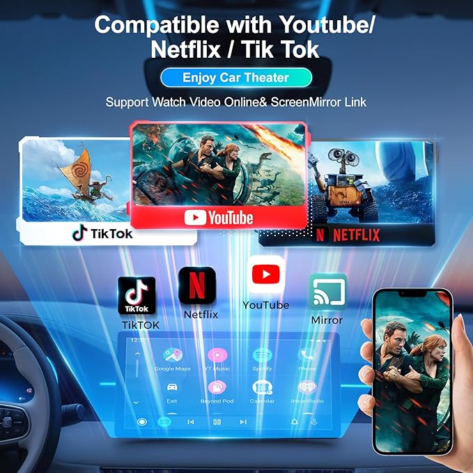 Wireless CarPlay Adapter, Car Adapter with Netflix Fast Car Video Plug & Play, Easy Setup, Supports Netflix/YouTube/TF Card Streaming Equalizers and More