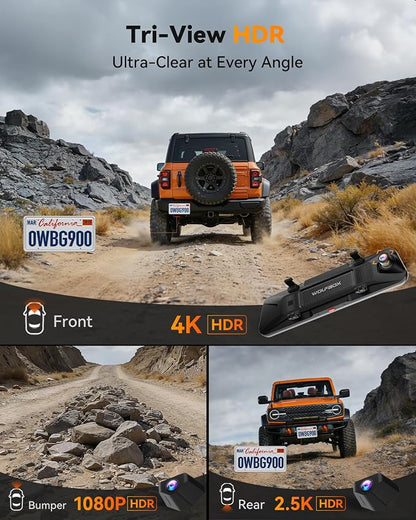 WOLFBOX G900 Tripro Bumper-N 3 Channel 4K Mirror Dash Cam, 4K+2.5K+1080P Front Rear & Bumper Camera,8MP STARVIS 2 IMX 678 Night Vision,12" Smart Screen for Off-Road & Blind Spot(SD Card Not Included)