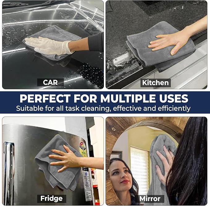 SAIU Microfiber Cleaning Cloths 16x16 in Grey/Blue/Yellow Higher Absorency 12 Pack, Car Washing Cloth Dry Dust Polish Multiple Uses