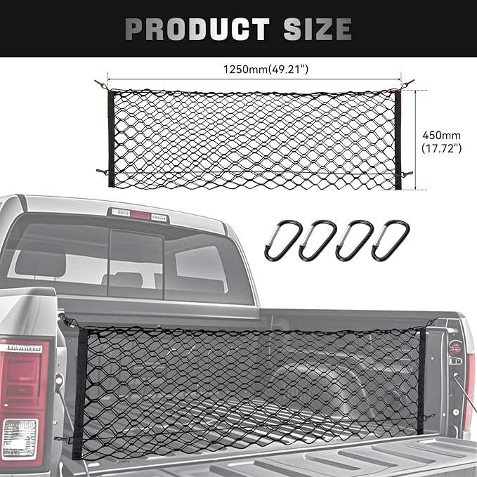 Cargo Net for 2000-2025 Toyota Tundra Accessories, 50" x 18" Truck Bed Organizer with Heavy Duty Carabiners, Envelope Style Cargo Netting for Pickup Truck Bed