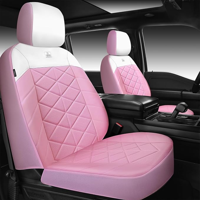 CAR PASS Memory Foam Leather Front Seat Covers, Waterproof Nappa Leather Seat Covers Front Seats Universal Fit for Cars,SUV,Truck Seat Covers Thick 3D Foam Comfortable, Airbag Compatible Pink White