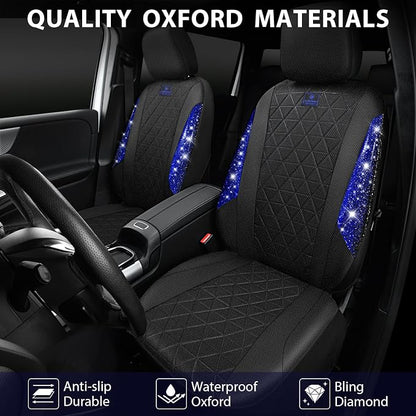 CAR PASS Oxford Bling Diamond Car Seat Covers Full Set Interior Sets, Waterproof Shining Glitter Sparkly Crystal Universal Armrest Fit 95% Automotive Truck SUV Cute Women Girl, Black Blue Rhinestone