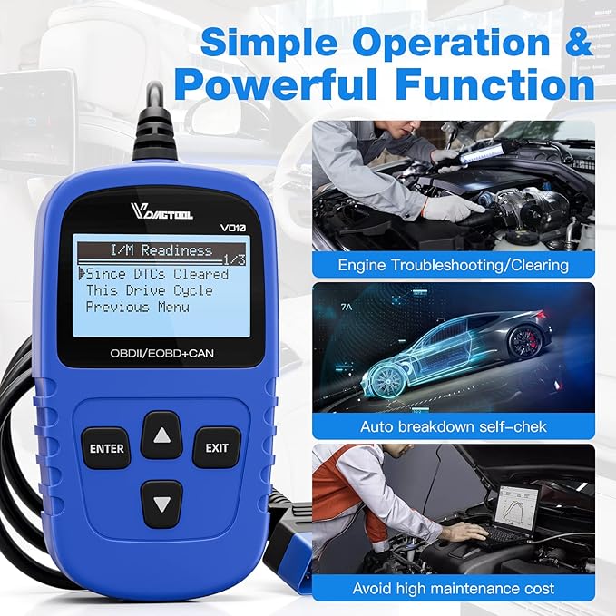 VDIAGTOOL VD10 OBD2 Scanner Code Reader Car Diagnostic Tool Engine Fault Code Reader for Turn Off CEL with Freeze Frame/I/M Readiness for All OBDII Protocol Cars, OBD2 Scanner Diagnostic Tool