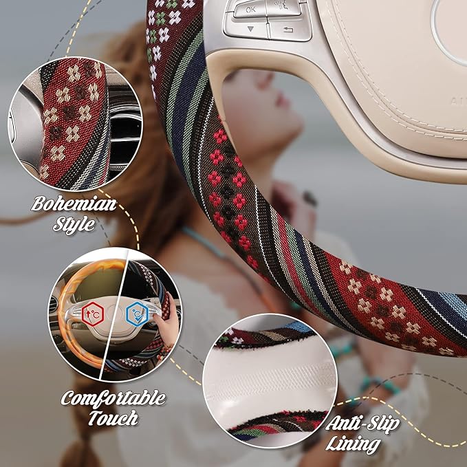 SEG Direct Boho Steering Wheel Cover with Baja Blanket Cloth, Ethnic Style Auto Wheel Cover Made of Coarse Flax, Fits 14 1/2-15 1/4 inches Car Wheel