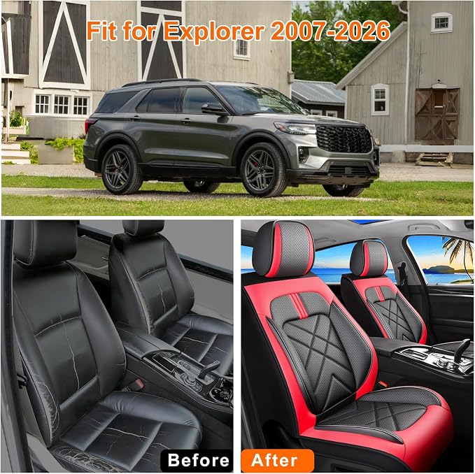 Explorer Seat Covers Custom Fit for Ford Explorer 2004-2026, Full Coverage Leather Waterproof Breathable Seat Covers, Automotive Seat Protectors, Airbag Compatible(2 Front Seats, Red & Black)