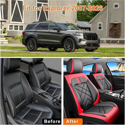 Explorer Seat Covers Custom Fit for Ford Explorer 2004-2026, Full Coverage Leather Waterproof Breathable Seat Covers, Automotive Seat Protectors, Airbag Compatible(2 Front Seats, Red & Black)
