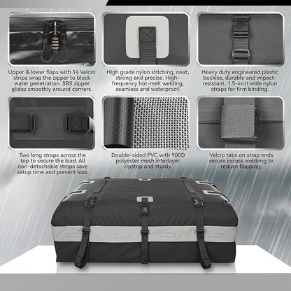 MARCHWAY Waterproof Car Roof Luggage Bag, Weatherproof Soft Shell Rooftop Cargo Carrier Bag for Vehicles with or Without Rack. 6 Door Hooks, Anti Slip Mat, Lock Included (21 Cubic Feet, Black)