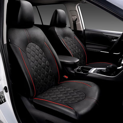 CAROMOP Luxury PU Leather Car Seat Covers Front Set - Anti-Stain Waterproof Automotive Seat Covers for Cars - Universal Car Interior Covers Seat Protectors for SUVs Pick-up Trucks(Black/Red Line)