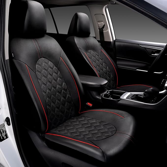 CAROMOP Luxury PU Leather Car Seat Covers Full Set-Waterproof Seat Protectors with Split Bench Seat Covers for Cars-Universal Cars Interior Covers for Sedans, SUVs, Pick-up Trucks (Black/Red Line)