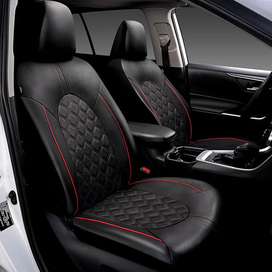 CAROMOP Luxury PU Leather Car Seat Covers Full Set-Waterproof Seat Protectors with Split Bench Seat Covers for Cars-Universal Cars Interior Covers for Sedans, SUVs, Pick-up Trucks (Black/Red Line)