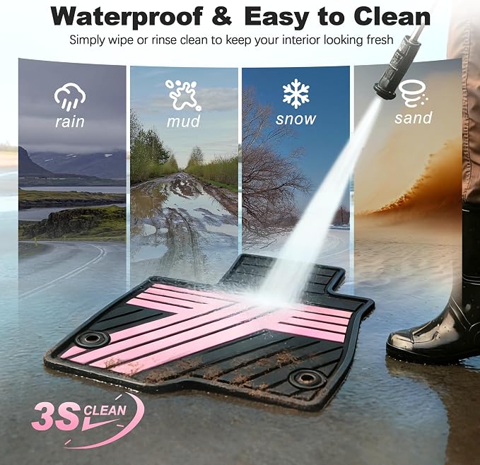 Floor Mats Fit for 2012-2015 Honda Civic Sedan & Sedan Si (Not for Coupe), Custom Fit All Weather Protection Heavy Duty Anti-Slip Car Mats for Civic, 1st & 2nd Row, Black & Pink