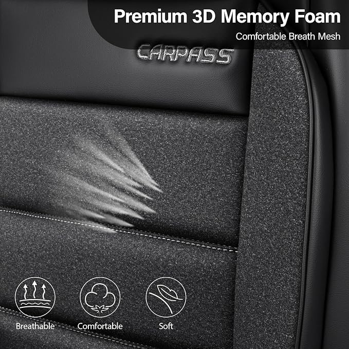 CAR PASS Memory Foam Seat Covers Front, Airy Cool Mesh Thick Car Seat Covers, Leather Car Seat Covers Front Seats Airbag Compatible, Universal Automotive Comfort for Cars, Trucks, SUV, Charcoal Gray