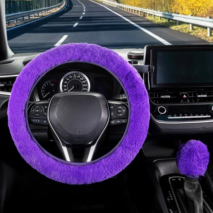 SEG Direct Furry Car Steering Wheel Cover with Fluffy Gear Shift Cover Soft Warm Non-Slip Car Decoration for Women Girls 2 PCS Set, Purple