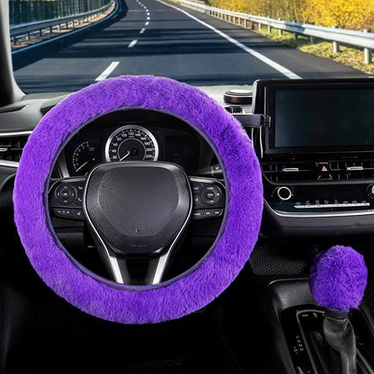 SEG Direct Furry Car Steering Wheel Cover with Fluffy Gear Shift Cover Soft Warm Non-Slip Car Decoration for Women Girls 2 PCS Set, Purple