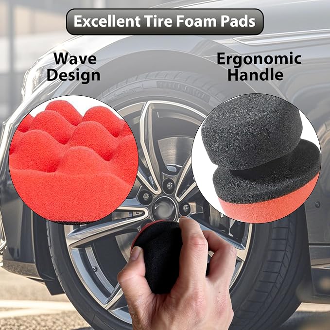 Tire Shine Applicator Pads, 4 Pcs Tire Dressing Applicator, Reusable Tire Shine Sponge Wave Contoured for Car Detailing, 3.15inch (2 Red & 2 Black)
