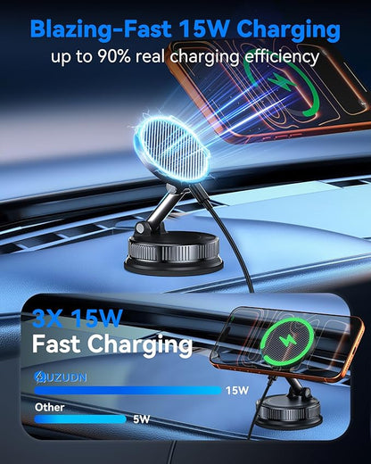 15W MagSafe Car Mount Charger, Magnetic Wireless Car Charger with Vacuum Suction Cup & Nano Adhesive Base, 360° Rotatable Strong Hold Car Phone Mount for iPhone 17 16 15 14 13 12 Series, Samsung S26