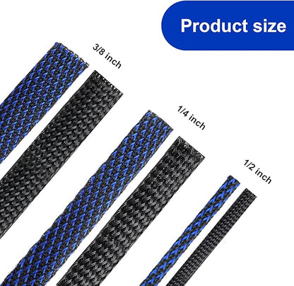 Xuniea 96ft Wire Loom Braided Cable Sleeve Covers Cord Management with 127 Pcs Tube Heat Shrinkable for Audio Video Cable Cord Protectors from Pets(1/2, 1/4, 3/8 Inch,Black and Blue)