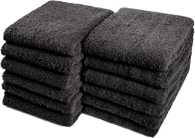 Cotton Towels for Multiple Use, 100% Ring Spun Cotton Towel Set, Heavy Duty - Super Absorbent Cleaning Towels for Car and Home - 16” X 27” (12 Pack, Black)