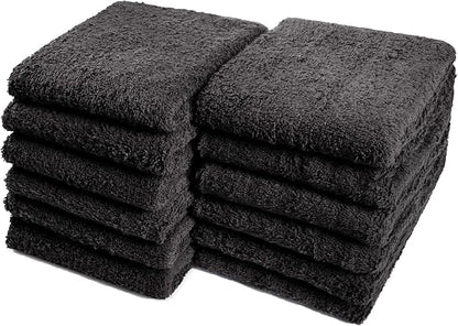 Cotton Towels for Multiple Use, 100% Ring Spun Cotton Towel Set, Heavy Duty - Super Absorbent Cleaning Towels for Car and Home - 16” X 27” (12 Pack, Black)