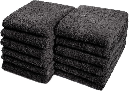 Cotton Towels for Multiple Use, 100% Ring Spun Cotton Towel Set, Heavy Duty - Super Absorbent Cleaning Towels for Car and Home - 16” X 27” (12 Pack, Black)