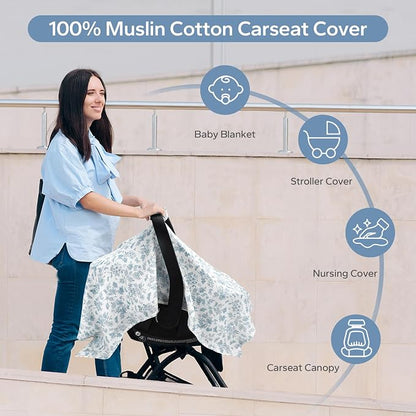 SERAPHY 100% Muslin Cotton Car Seat Covers for Babies - Universal, Breathable Canopies for Boys and Girls - Soft Summer Car Seat Cover - Blue Flowers