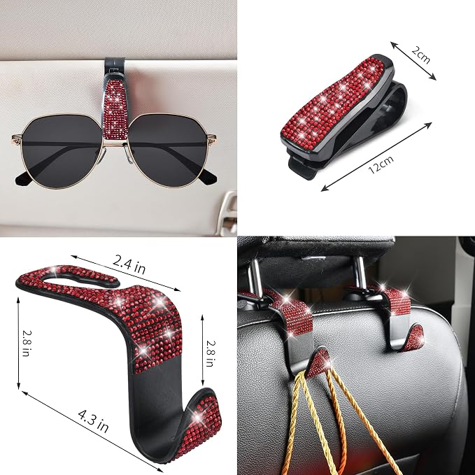 CAR PASS 11 PCS Bling Red Steering Wheel Cover Set for Women, Sparkly Rhinestone Diamond Bling Seat Belt Cushion, Glitter Shift Knob Cover, Car Cup Holder Coaster, Cute Interior Sets Red 14.5"-15"