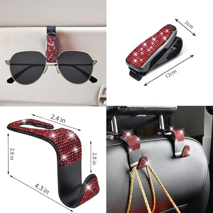 CAR PASS 11 PCS Bling Red Steering Wheel Cover Set for Women, Sparkly Rhinestone Diamond Bling Seat Belt Cushion, Glitter Shift Knob Cover, Car Cup Holder Coaster, Cute Interior Sets Red 14.5"-15"