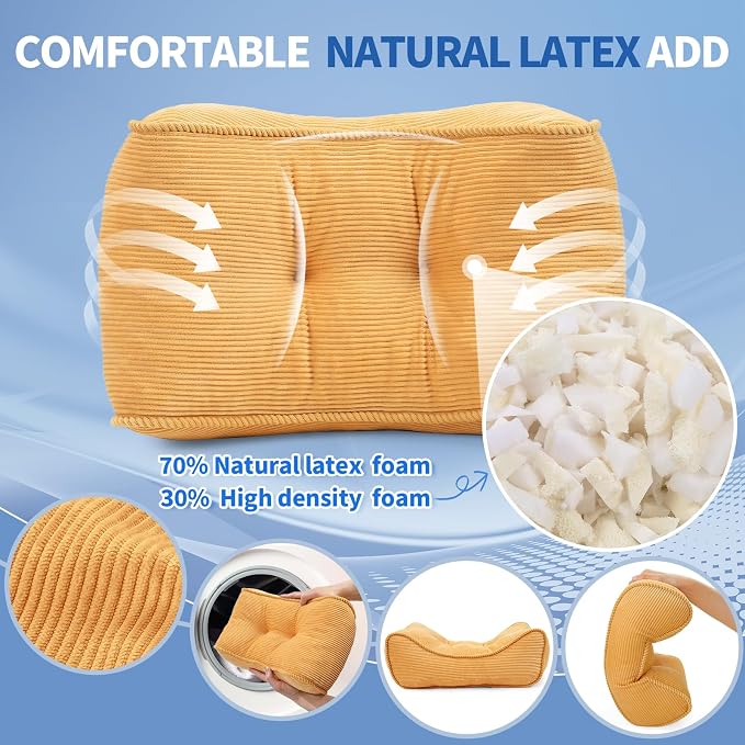 Lumbar Support Pillow for Office Chairs, Bite-Size Natural Latex Foam Back Support Pillow for Lower Back Pain Relief, Soft & Support Corduroy Desk Chair Cushion, M, Yellow