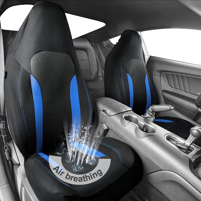 CAR PASS Bucket Car Seat Cover, Breathable 3D Air Mesh-100% Sporty Fabric Front Seats, Airbag Compatible, Universal Fit Auto SUV Truck Sedan Vans Women, High Back Two Front 2 Piece, Black Blue