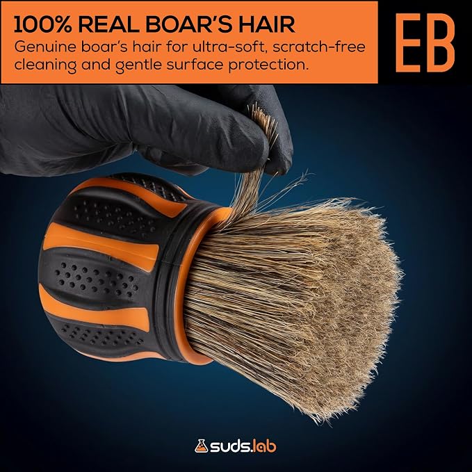 Suds Lab Elite-Bristle Boar’s Hair Car Detailing Brush – Deep Cleaning Car Detail Brush with Stand – Metal-Free, High Absorbency Detailing Tool for Scratch-Free Interior & Exterior