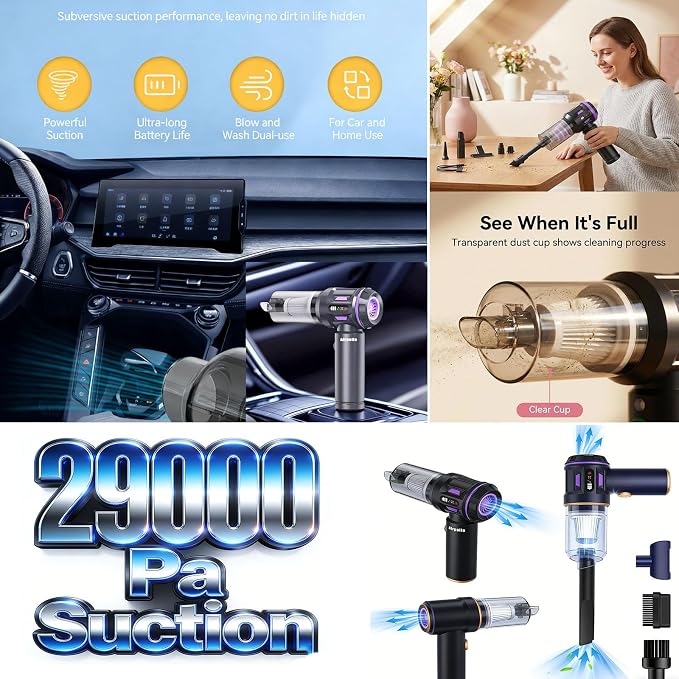 Airpollo® Car Vacuum Portable Cordless Handheld Cleaner Aspiradora para Carro, 4 in 1 with LED Screen V2 Portable 29000 Pa Suction Air Blower, Rechargeable High Power for Home, Long Lasting Battery