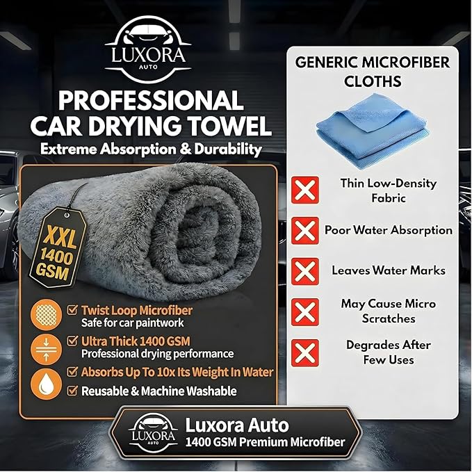 Car Drying Towel Extra Large 36" x 24" 1400 GSM Twisted Loop Microfibre - Charcoal Drying Towel Car Detailing, Double-Sided Edgeless Design, Super Absorbent, Durable Machine Washable and Lint-Free